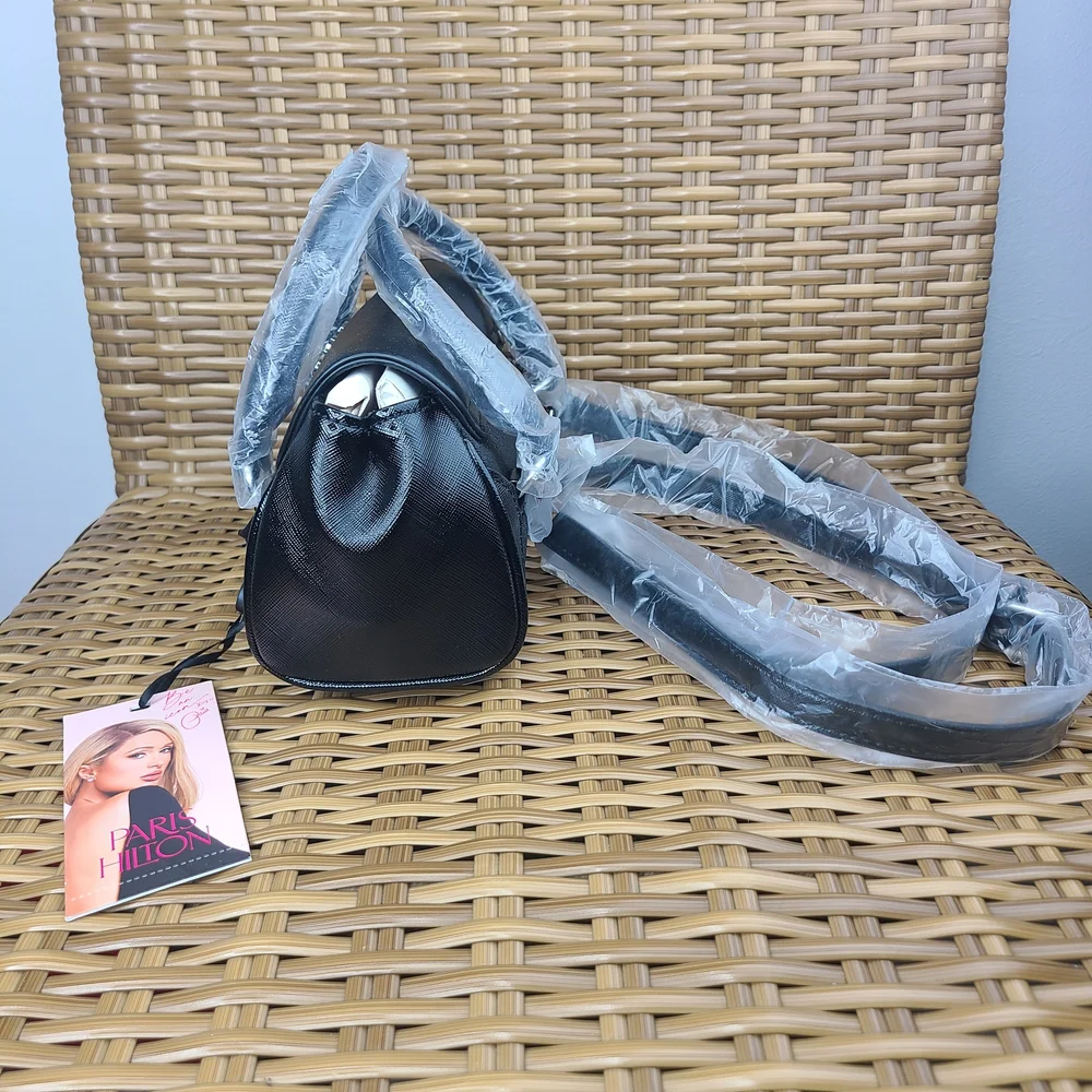Paris Hilton Black Mini Satchel Bag Purse Structured Handles - Picture 6 of 14